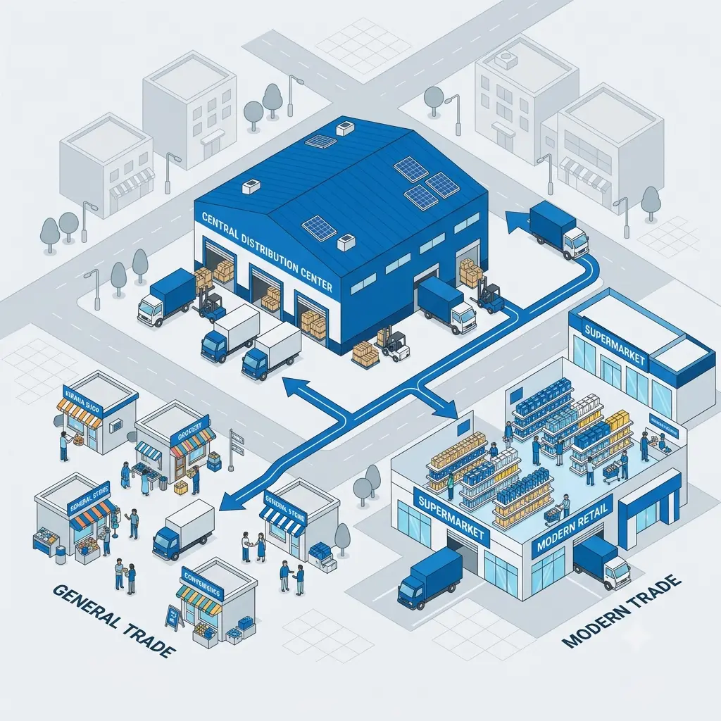 Ilustrasi distribusi dan supply chain consumer goods SAP Business One
