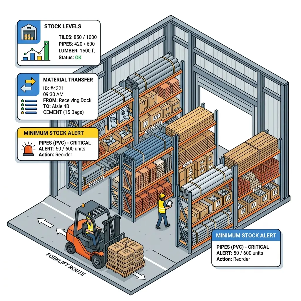 Ilustrasi gudang dan logistik lapangan SAP Business One konstruksi