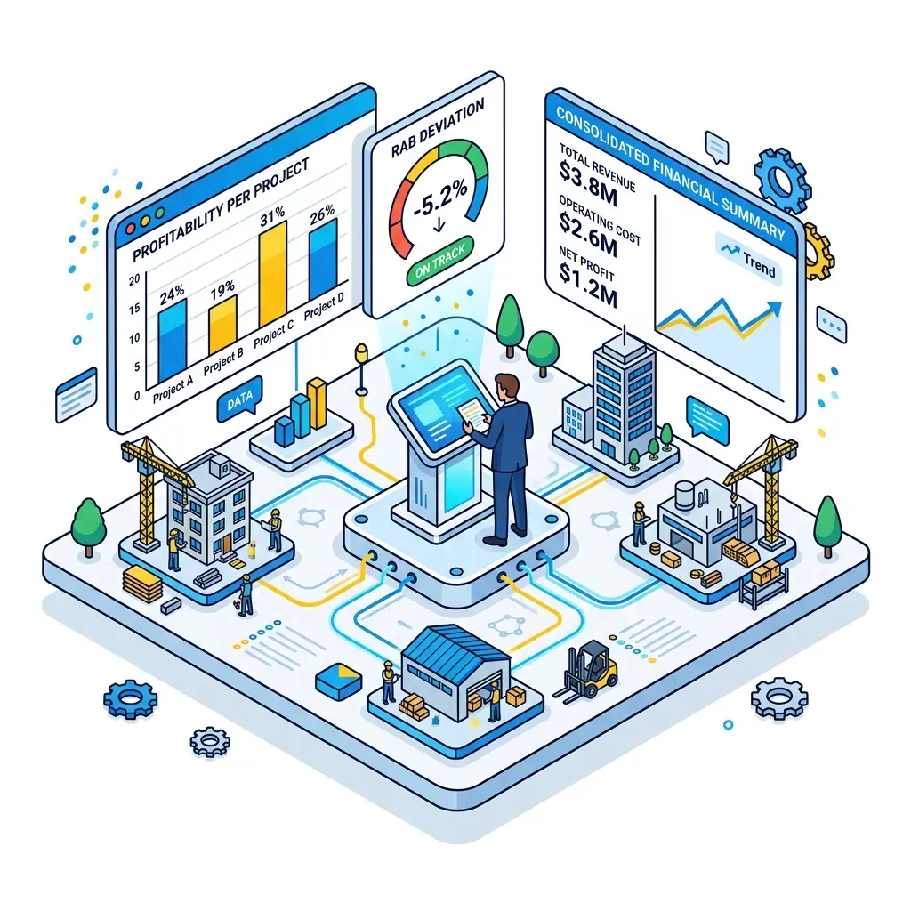 Ilustrasi laporan dan analitik bisnis SAP Business One konstruksi