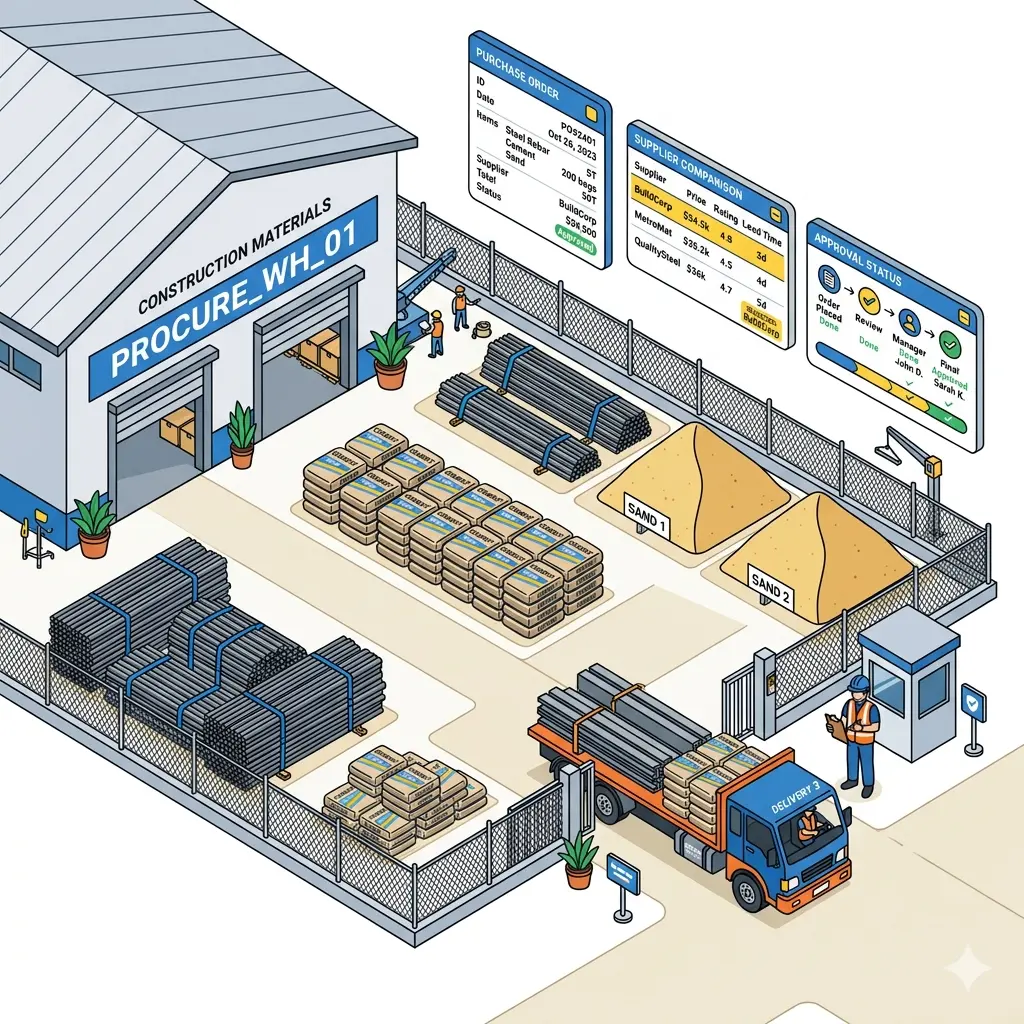 Ilustrasi pengadaan dan manajemen material SAP Business One konstruksi