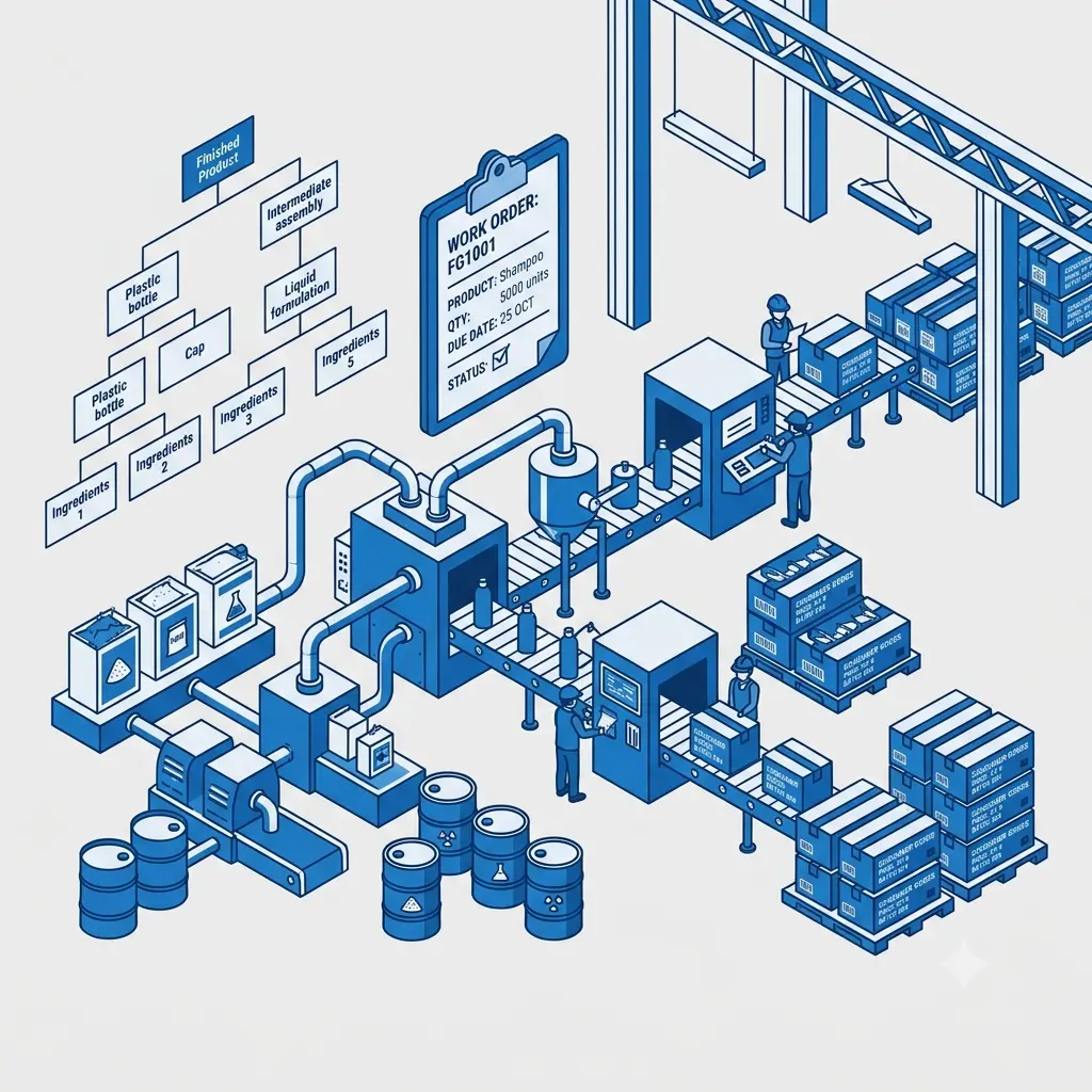 Ilustrasi perencanaan produksi dan bahan baku consumer goods SAP Business One