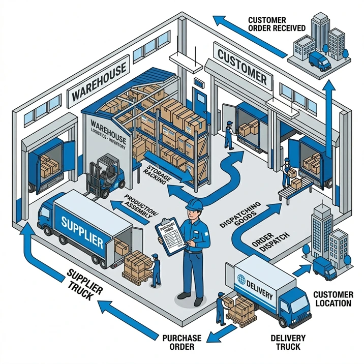 Ilustrasi pembelian dan penjualan terintegrasi SAP Business One untuk manufaktur